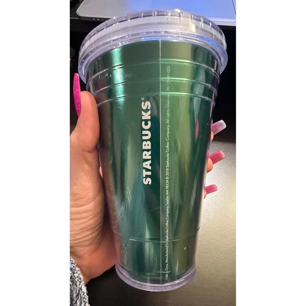 Starbucks Metallic Green Cold Cup Tumbler 16 oz Siren Logo No Straw